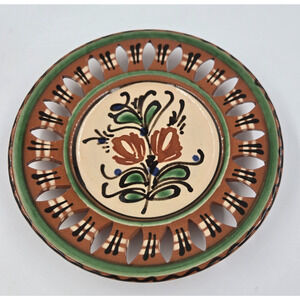 Pottery Wall Plate Hand Painted Folk Art Redware Signed Red Clay Terra Cotta